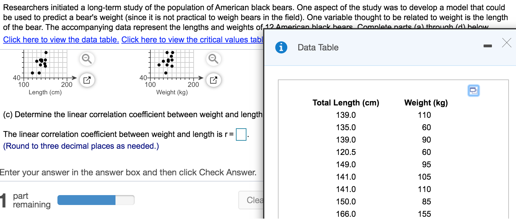(d) Does a linear relation exist between the weight of the bear