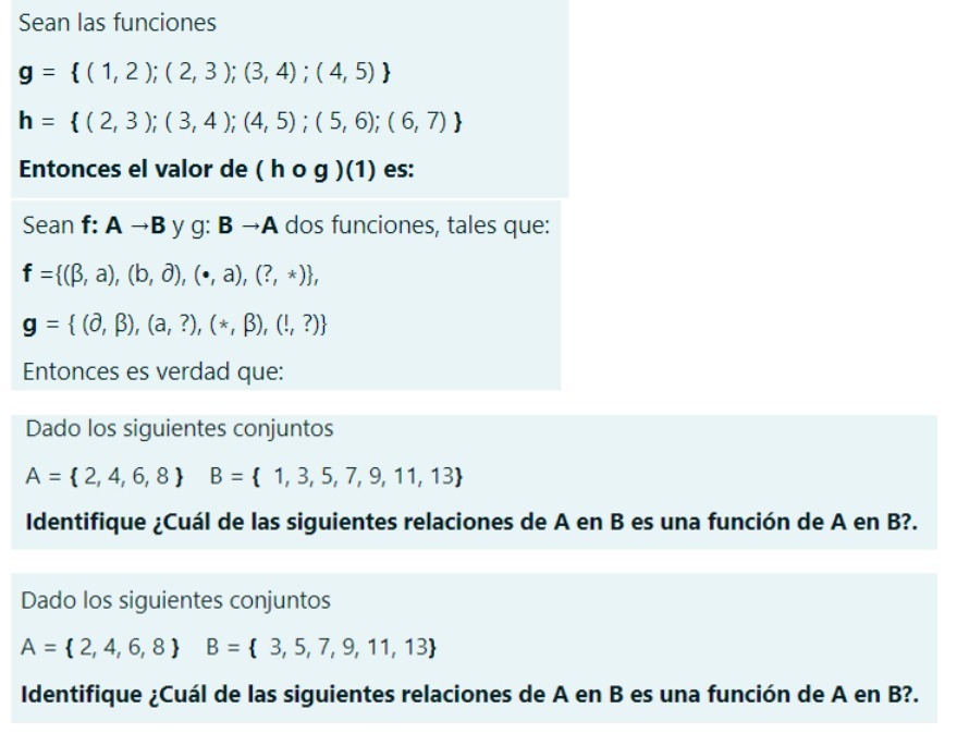 Sean las funciones g = { ( 1, 2); ( 2,