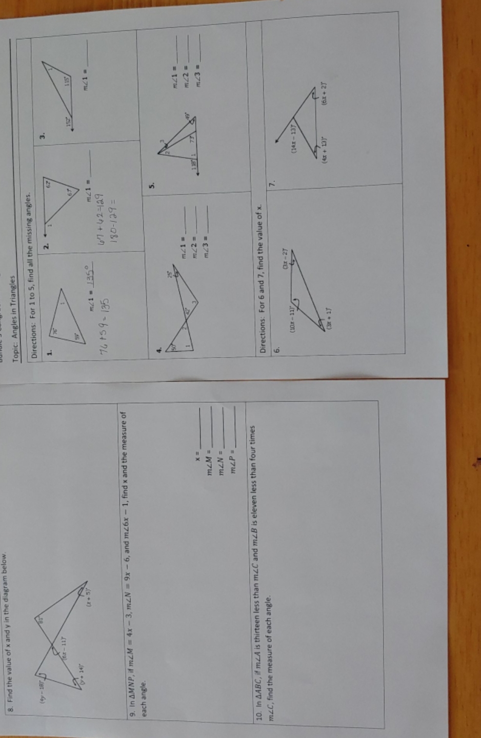 angles in triangles show work please 8. Find the value of x