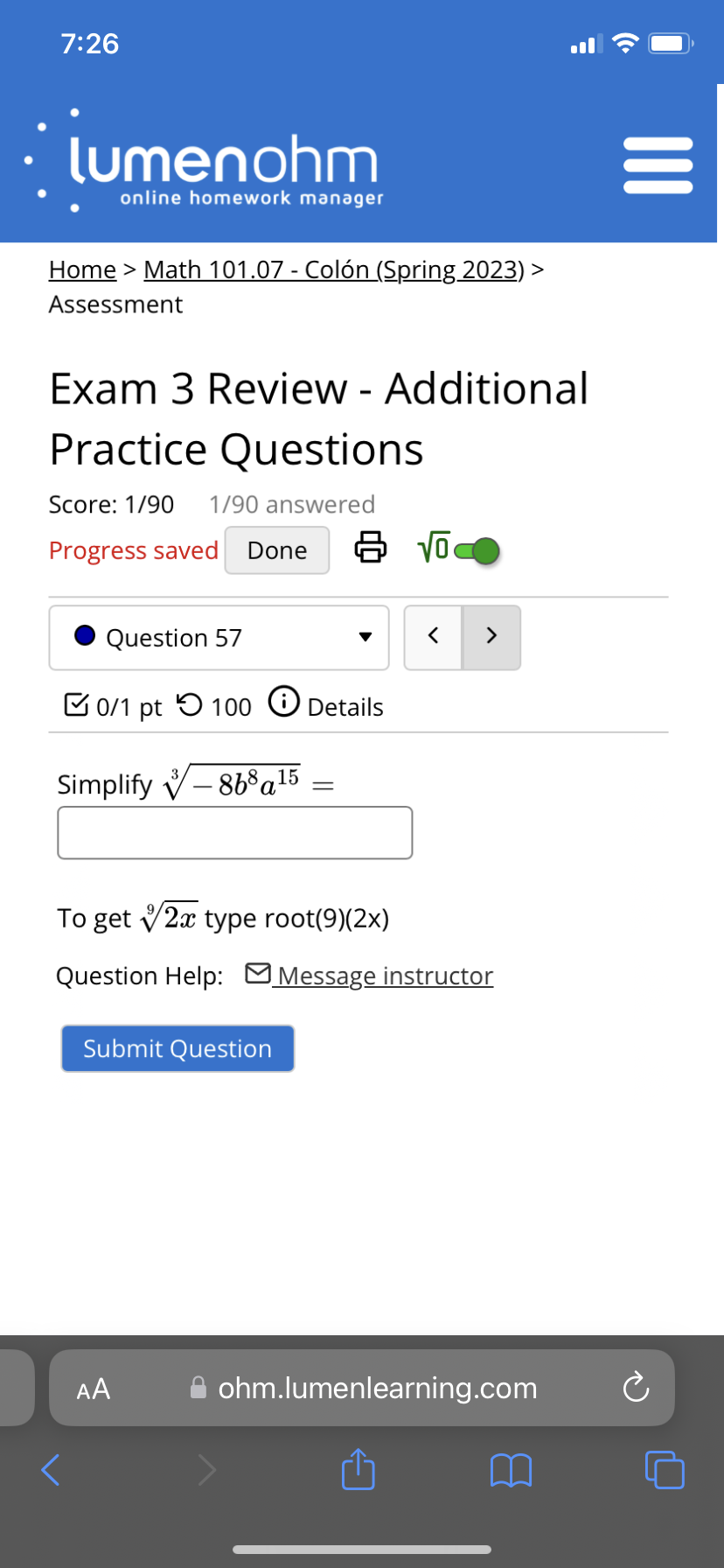 1/90 answered Progress saved Done Vo . Question 48 Math 101.07 -