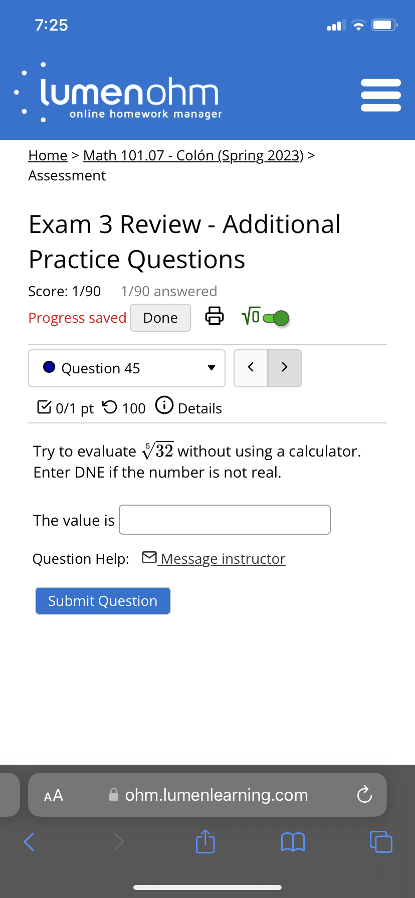 Practice Questions Score: 1/90 1/90 answered Progress saved Done Vo . Question