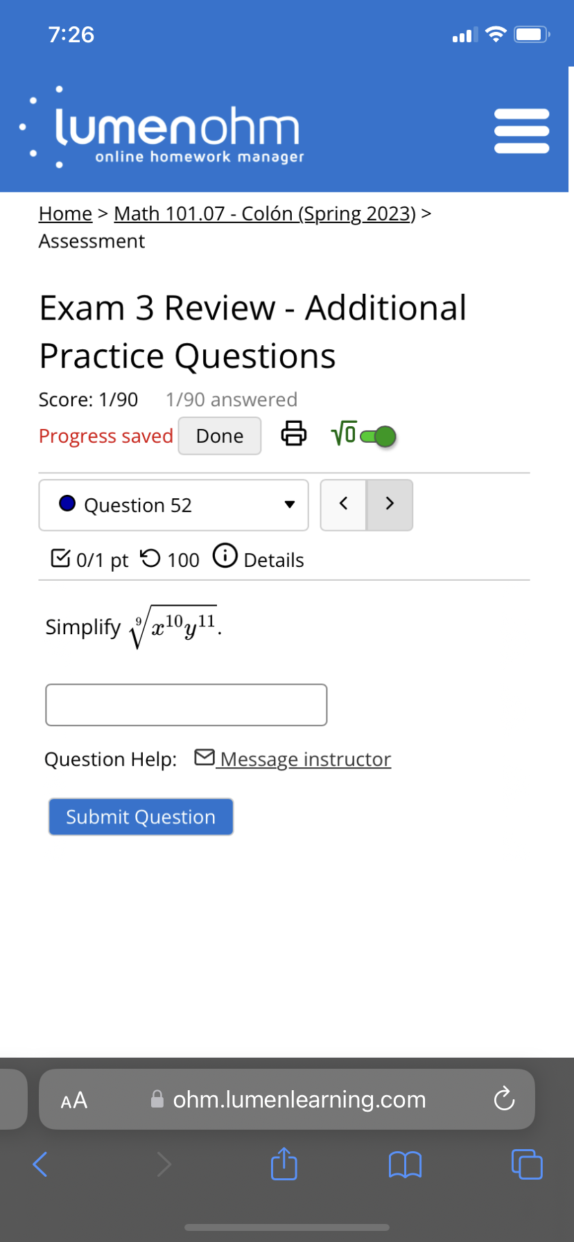 Message instructor Submit Question AA ohm.lumenlearning.com C7:26 lumenohm online homework manager Home