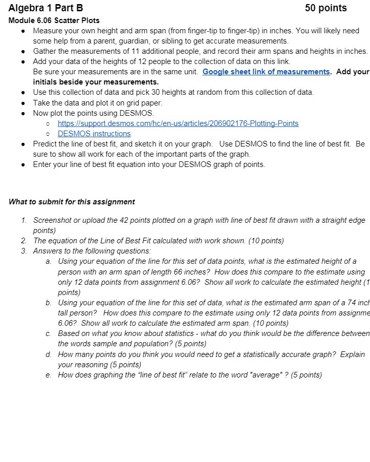 Algebra 1 Part B 50 points Module 6.06 Scatter Plots Measure