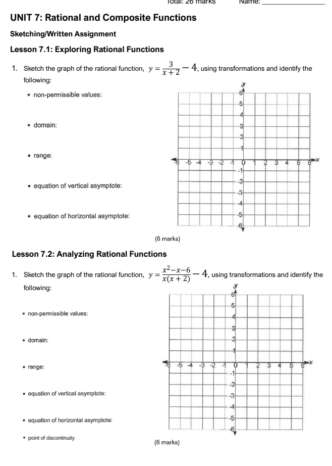  UNIT 7: Rational and Composite Functions Sketching/Written Assignment Lesson 7.1: Exploring