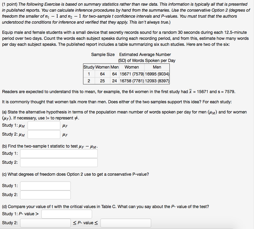 (1 point) The following Exercise is based on summary statistics rather