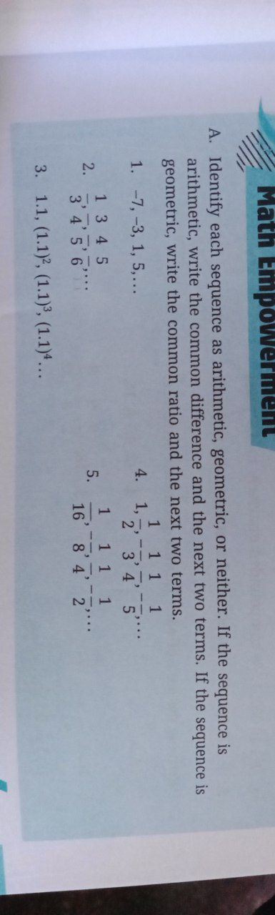 Answer the number 1. & 2. Math Empowerment A. Identify each sequence