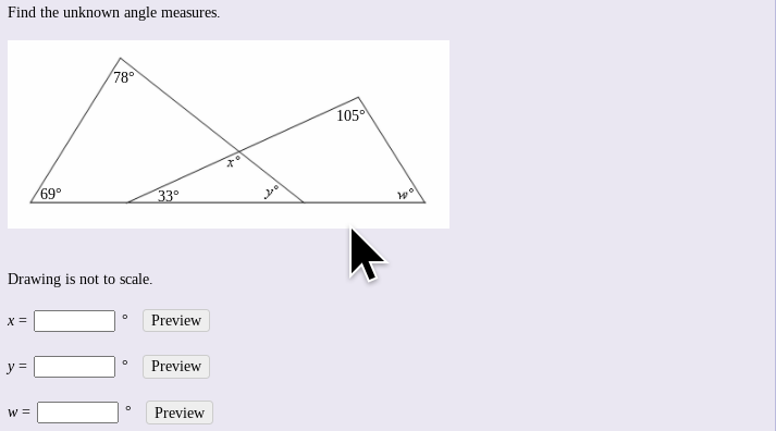 x. The other three math problems are finding unknown angle measure. Please