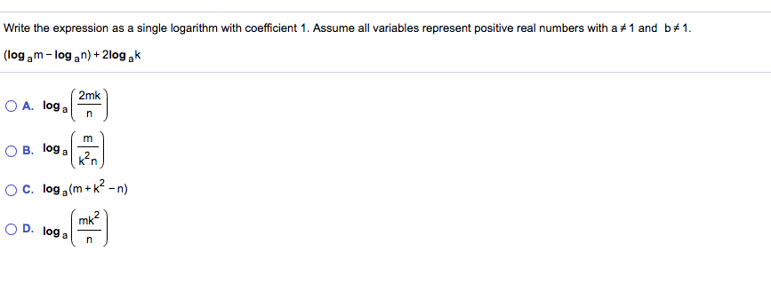Write the expression as a single logarithm with coefficient 1. Assume all