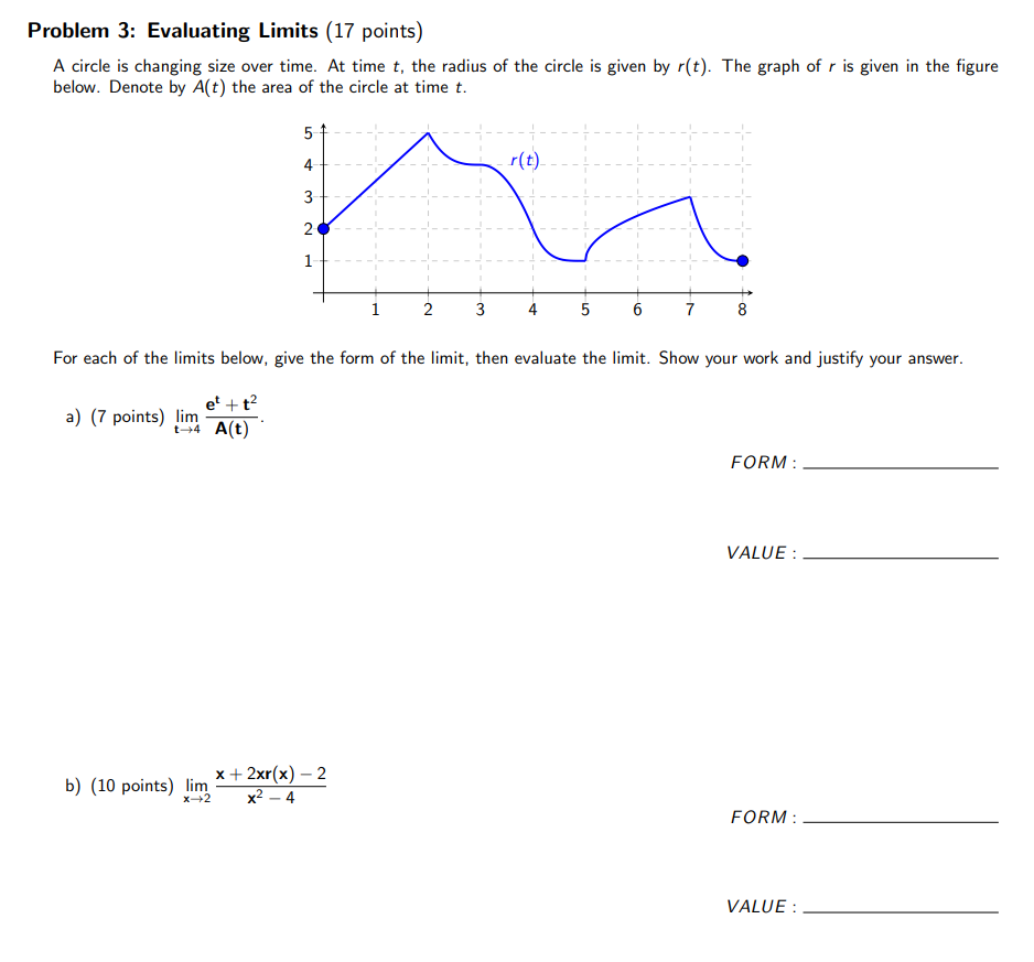  Problem 3: Evaluating Limits (17 points) A circle is changing size