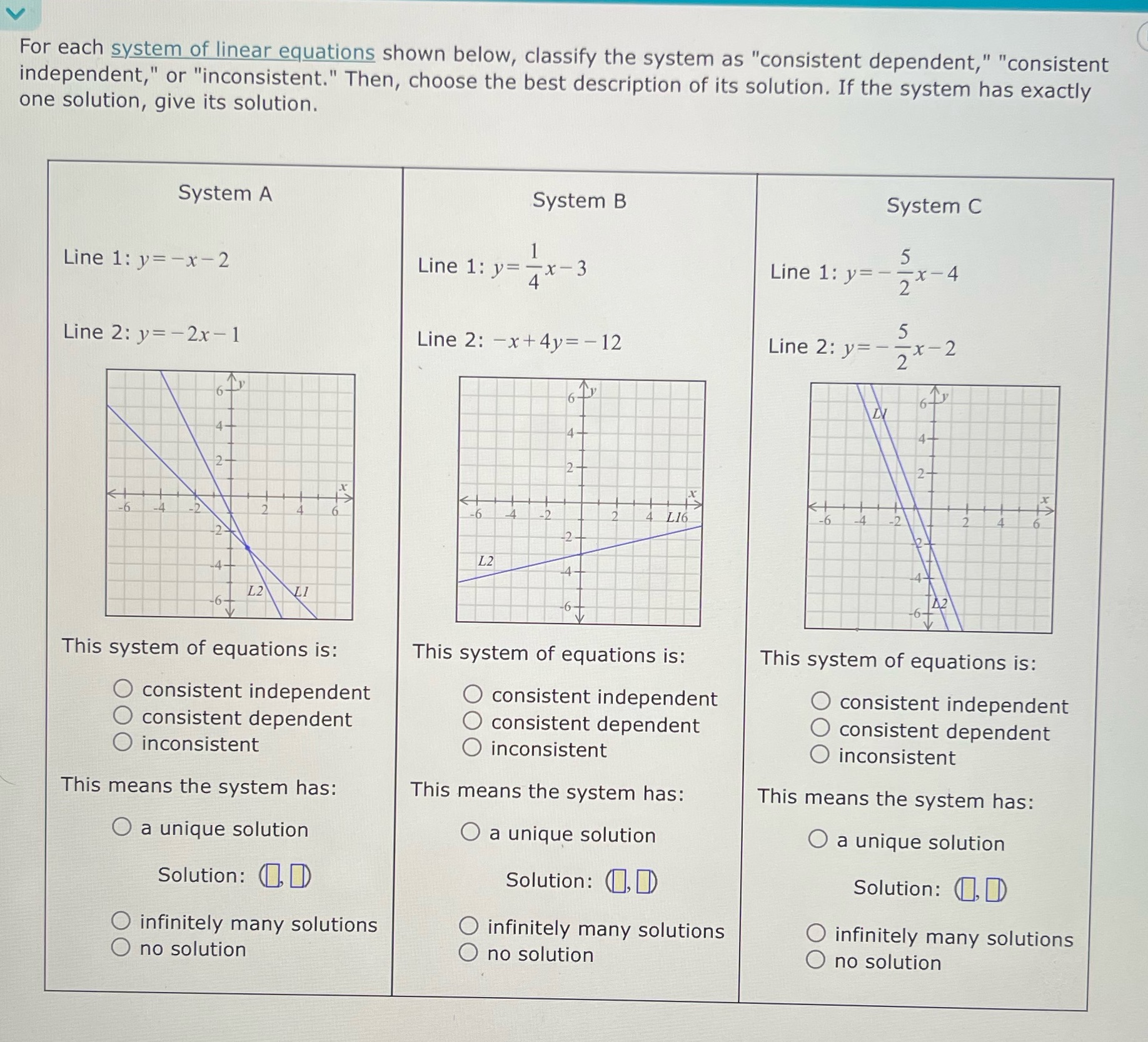 V For each system of linear equations shown below, classi independent,"