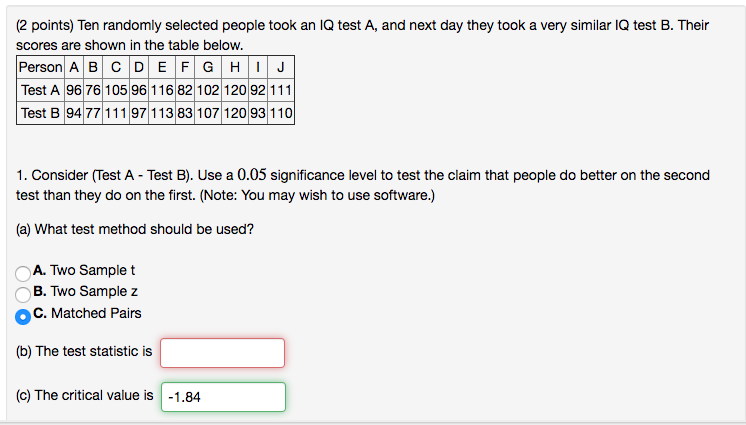 Need help with part b & 2. TEST STATISTIC DOES NOT =