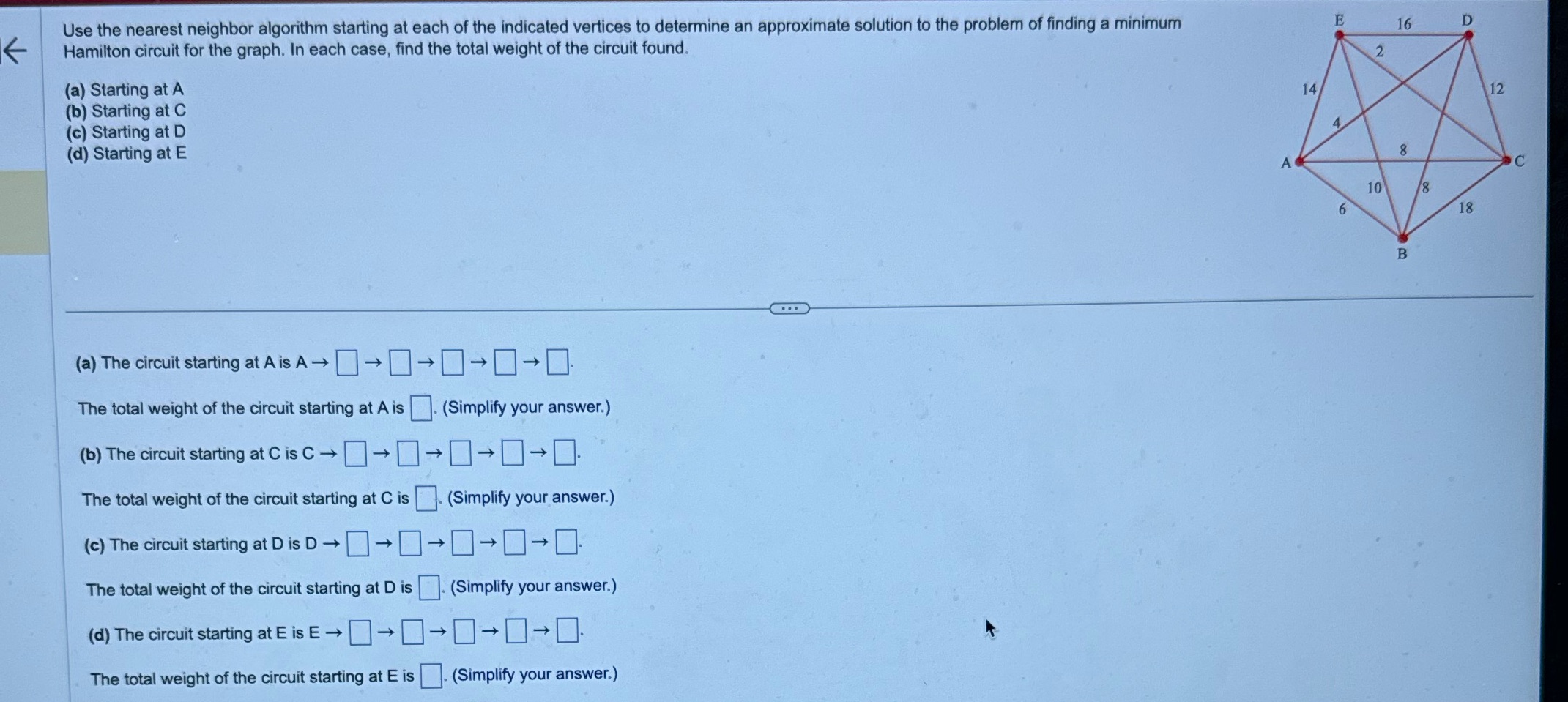Please help Use the nearest neighbor algorithm starting at each of the