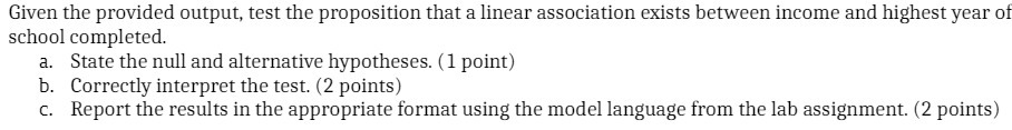 Given the provided output, test the proposition that a linear association