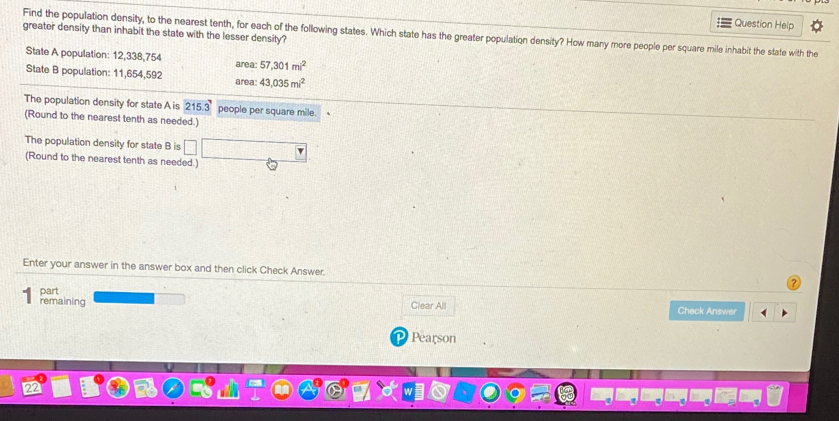 The population density for state B is? Question Help Find the population