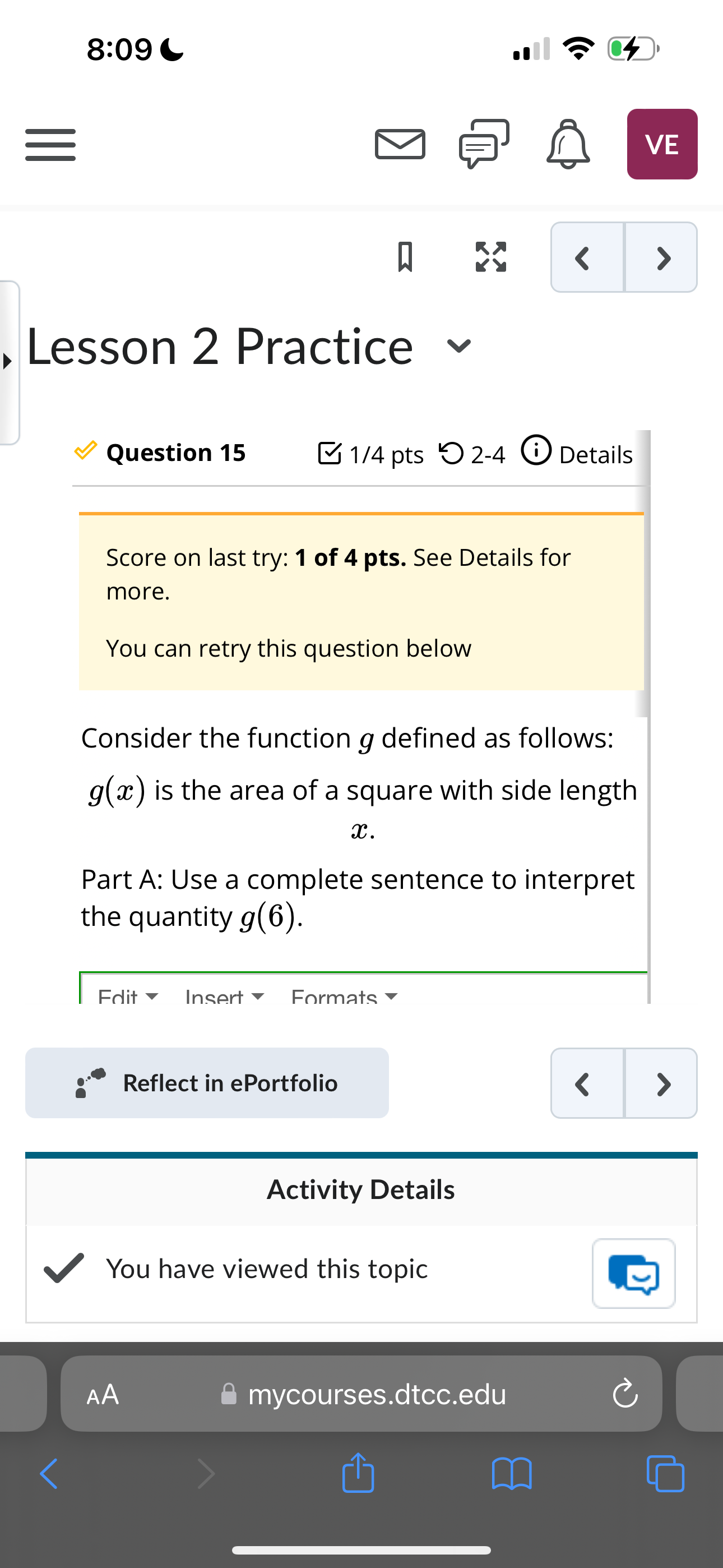  8:09 0 = VE Lesson 2 Practice v Question 15 1/4