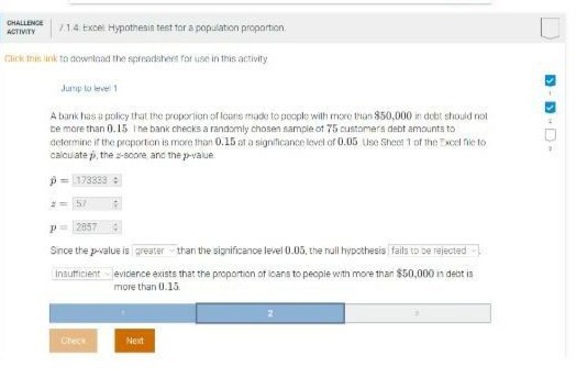 CHALLENGE ACTIVITY / 1.4 Excel Hypothesis test for a population proportion.