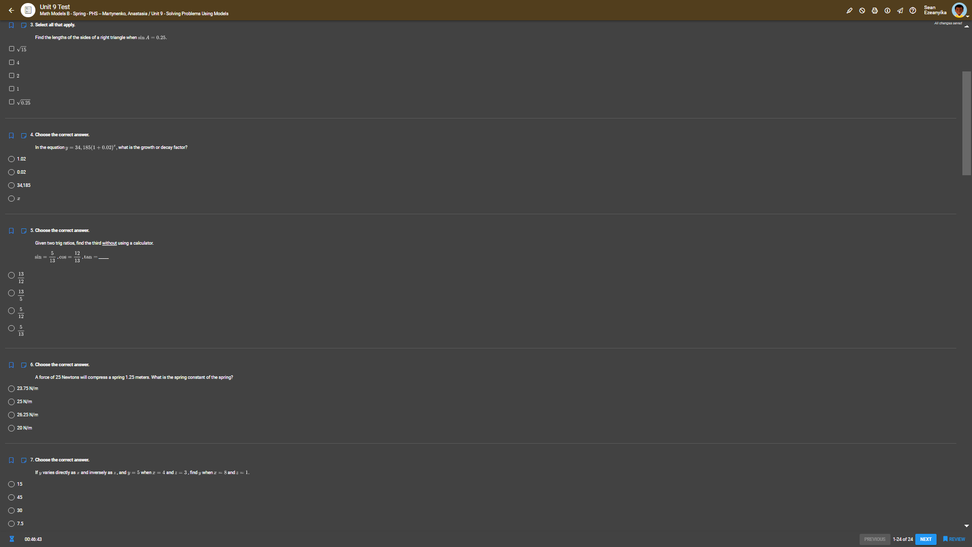 Unit 9 Test Math Models B- Spring- PHS - Martynenko, Anastasia