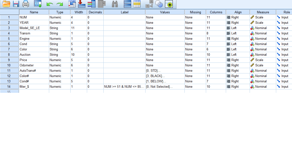 OO H Name Type Width Decimals Label Values Missing Columns Align