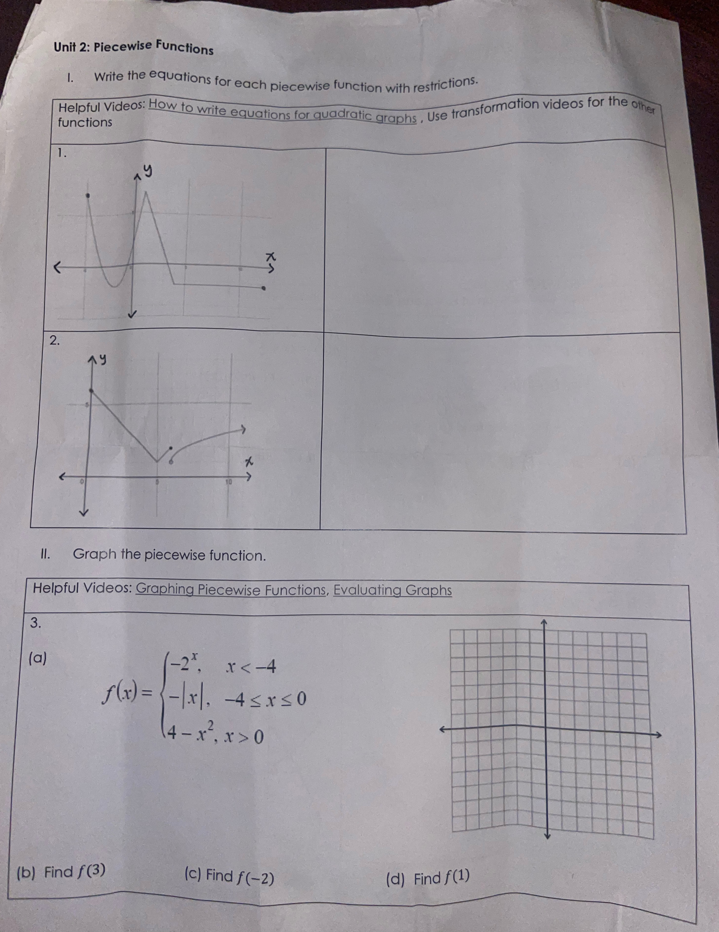  Unit 2: Piecewise Functions 1. Write the equations for each piecewise
