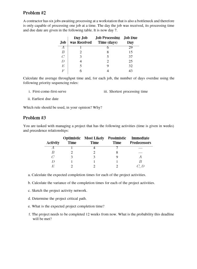 Problem #2 A contractor has six jobs awaiting processing at a