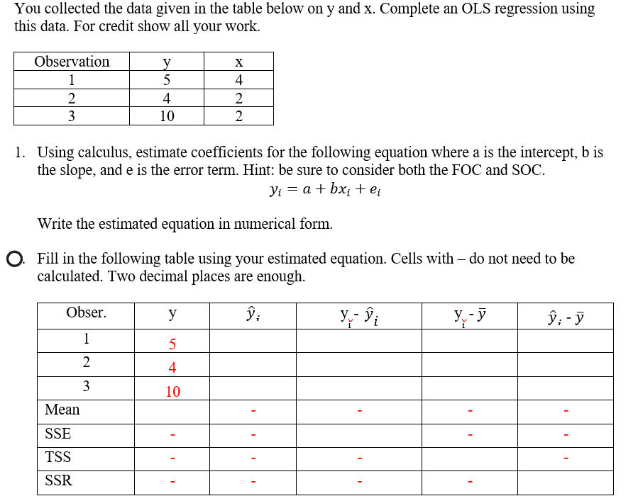  You collected the data given in the table below on y
