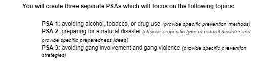 You will create three separate PSAs which will focus on the