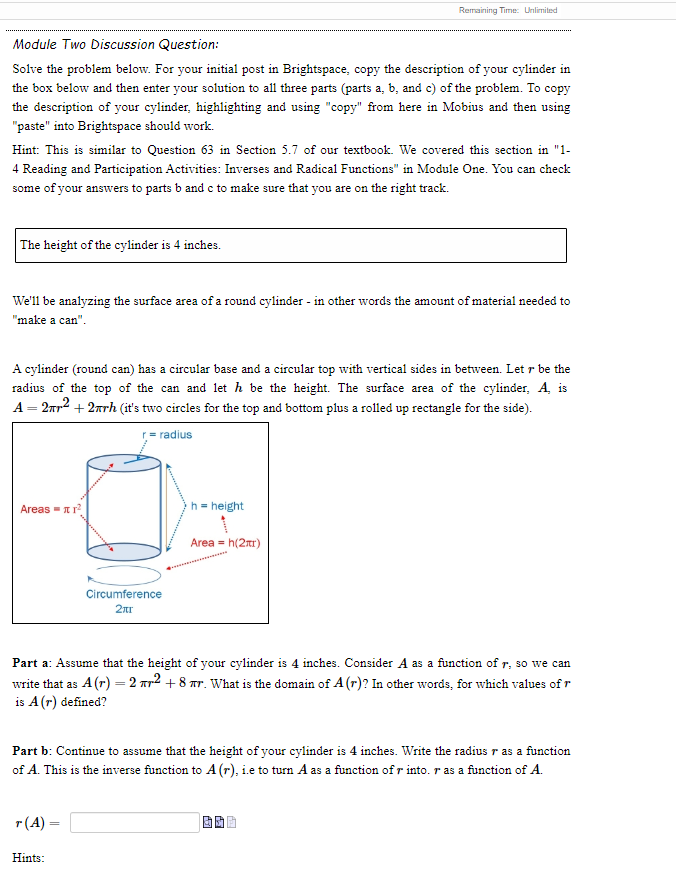  Remaining Time: Unlimited Module Two Discussion Question: Solve the problem below.