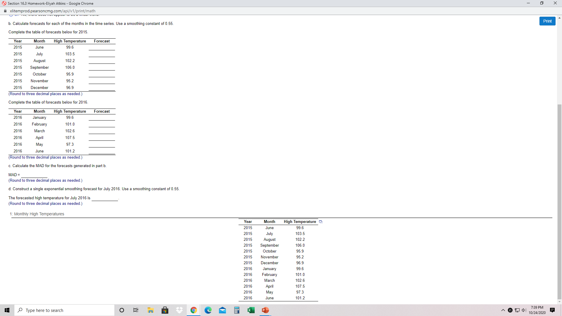 on Double Exponential Smoothing Model. Section 16.3 Homework-Eliyah Atkins - Google Chrome