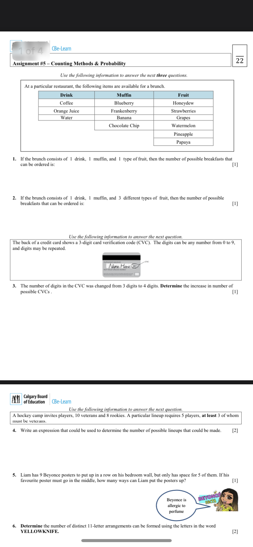  1 of 4 CBe-Learn Assignment #5 - Counting Methods & Probability