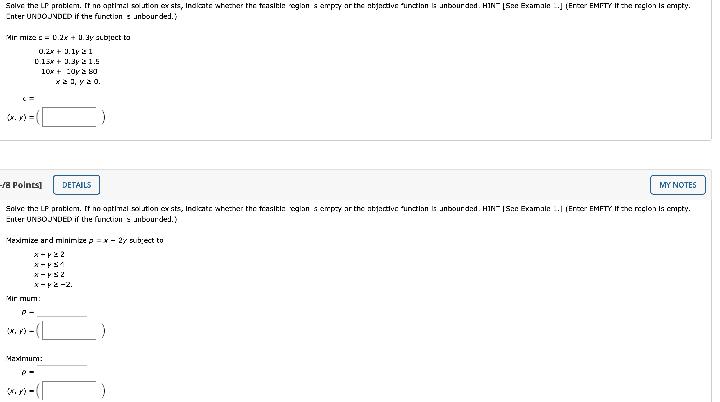 Please help with these four Webassign problems, thank you! Solve the LP