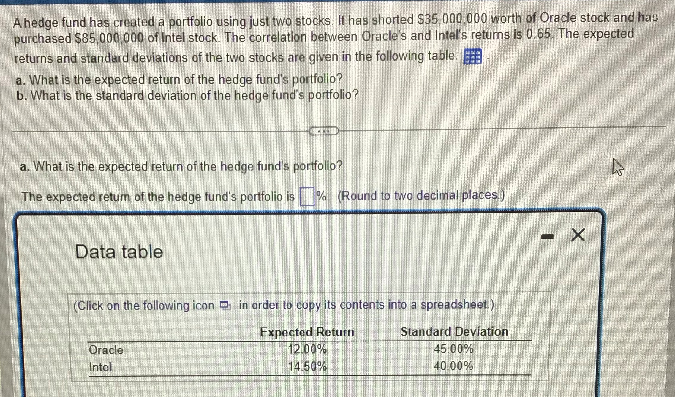  A hedge fund has created a portfolio using just two stocks.