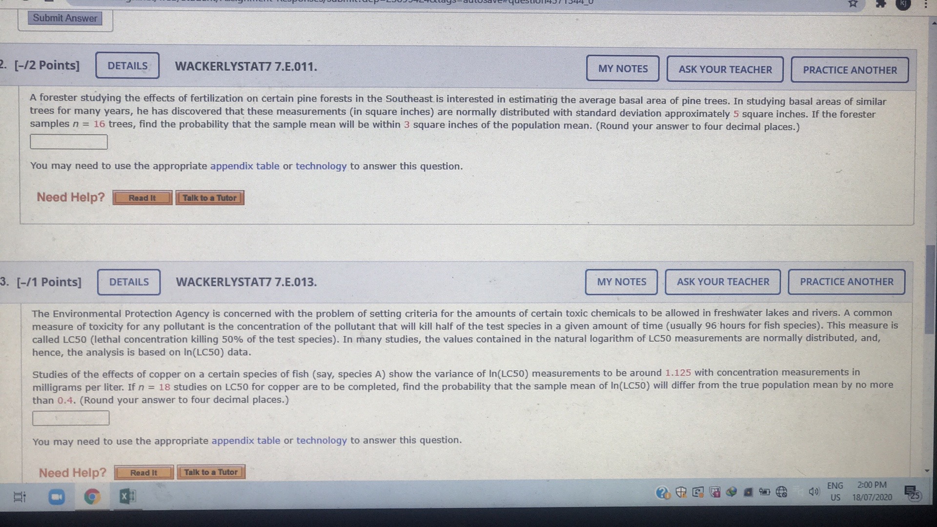 help me please Submit Answer [-/2 Points] DETAILS WACKERLYSTAT7 7.E.011. MY NOTES