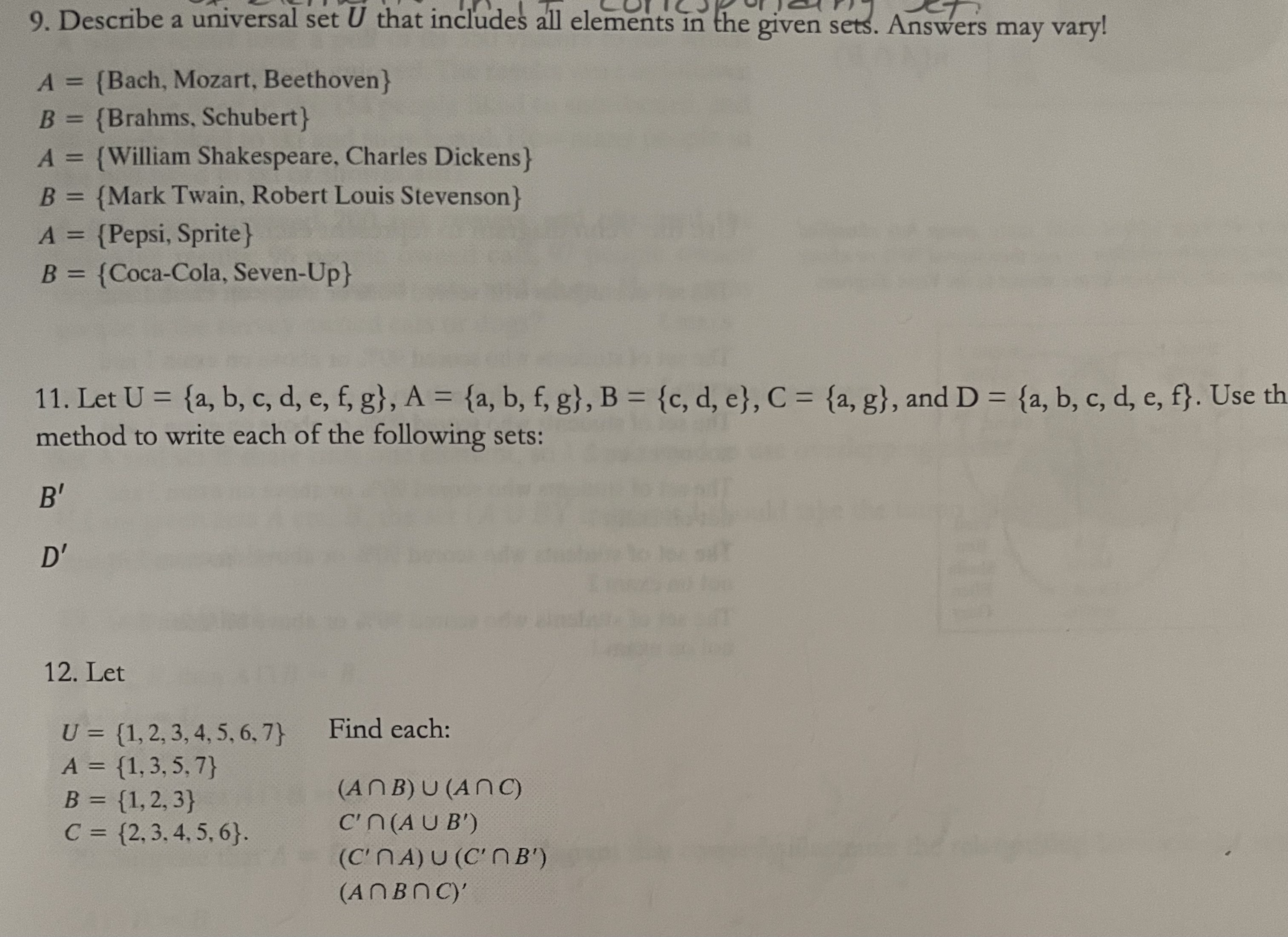  9. Describe a universal set U that includes all elements in