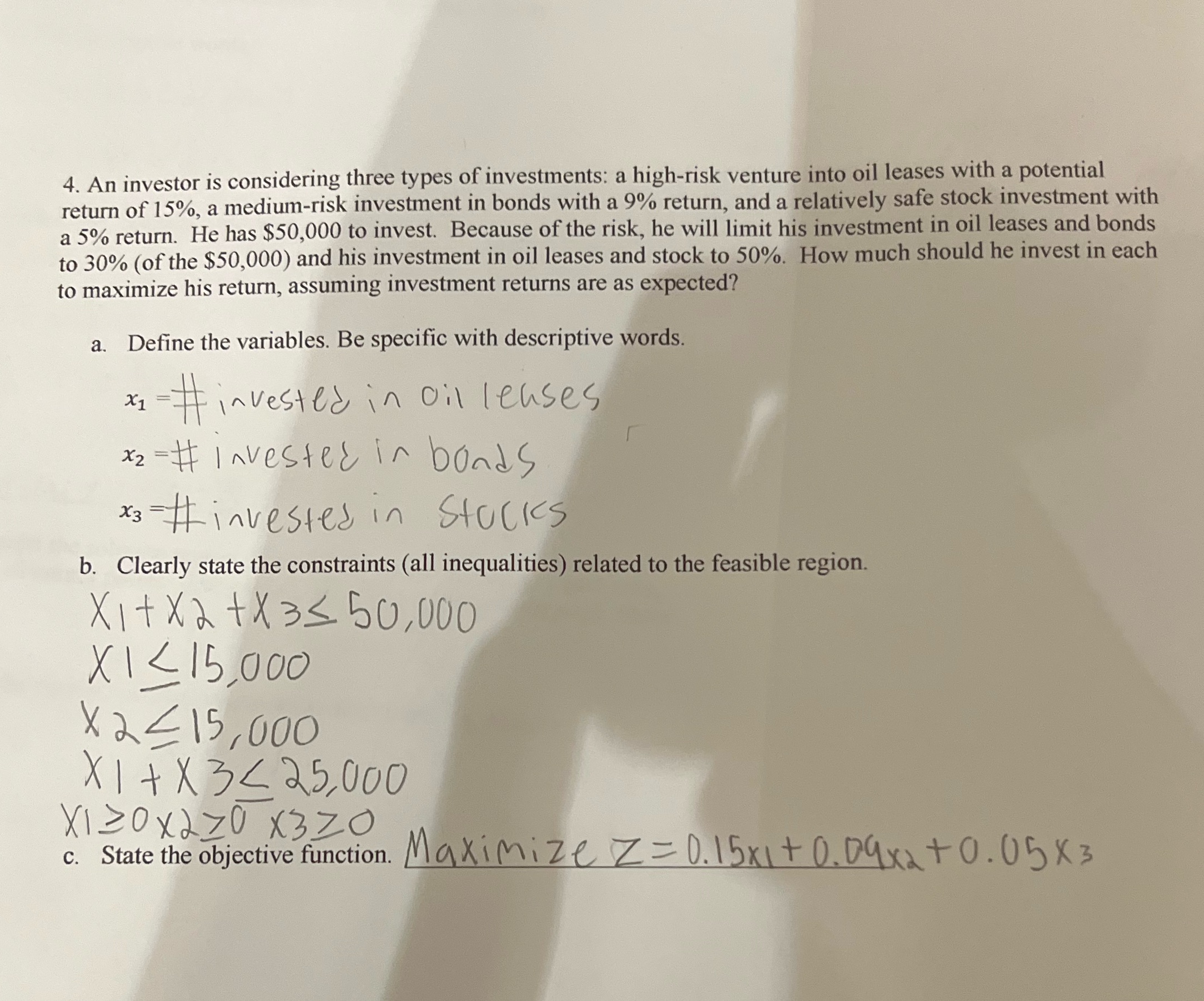 Using this information set up the initial simplex matrix needed to solve