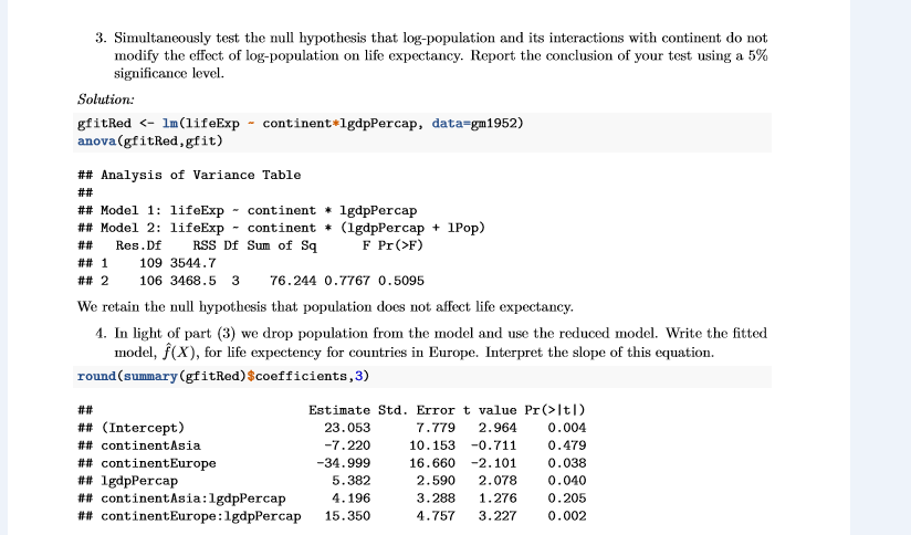 which variables predict life expectancy in 1952 for countries from Asia, Europe
