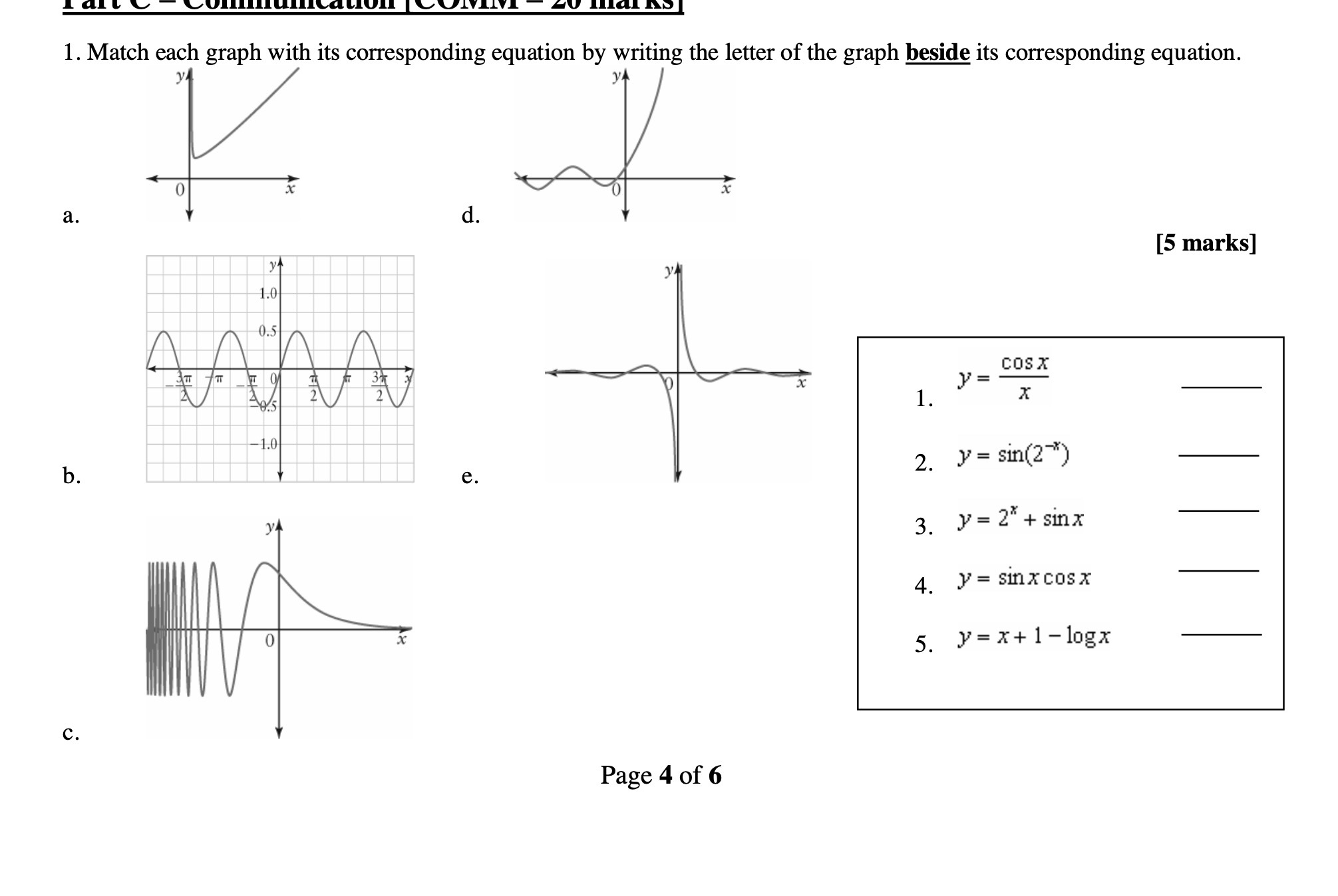  1. Match each graph with its corresponding equation by writing the