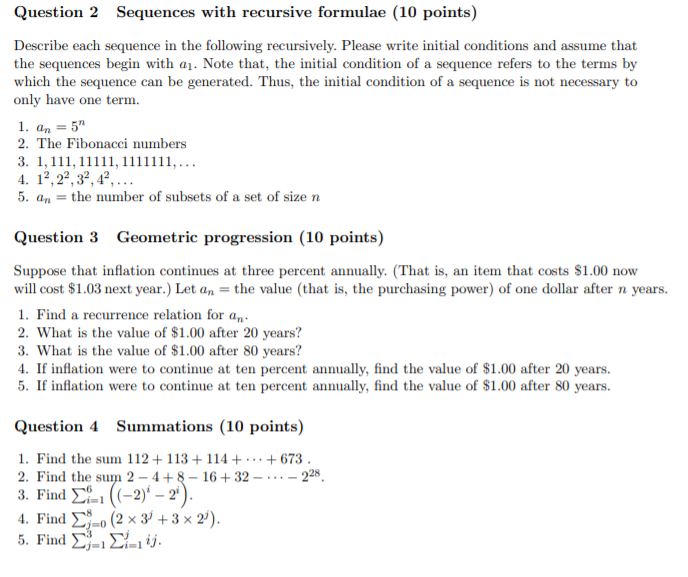  Question 2 Sequences with recursive formulae (10 points) Describe each sequence