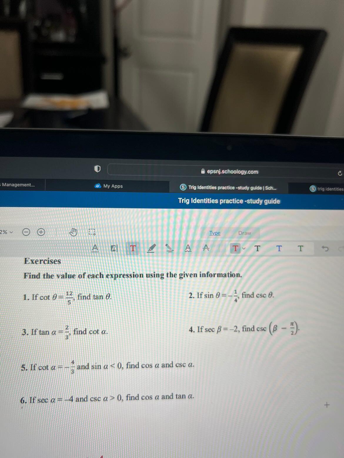 epsnj.schoology.com C Management... My Apps Trig Identities practice -study guide |