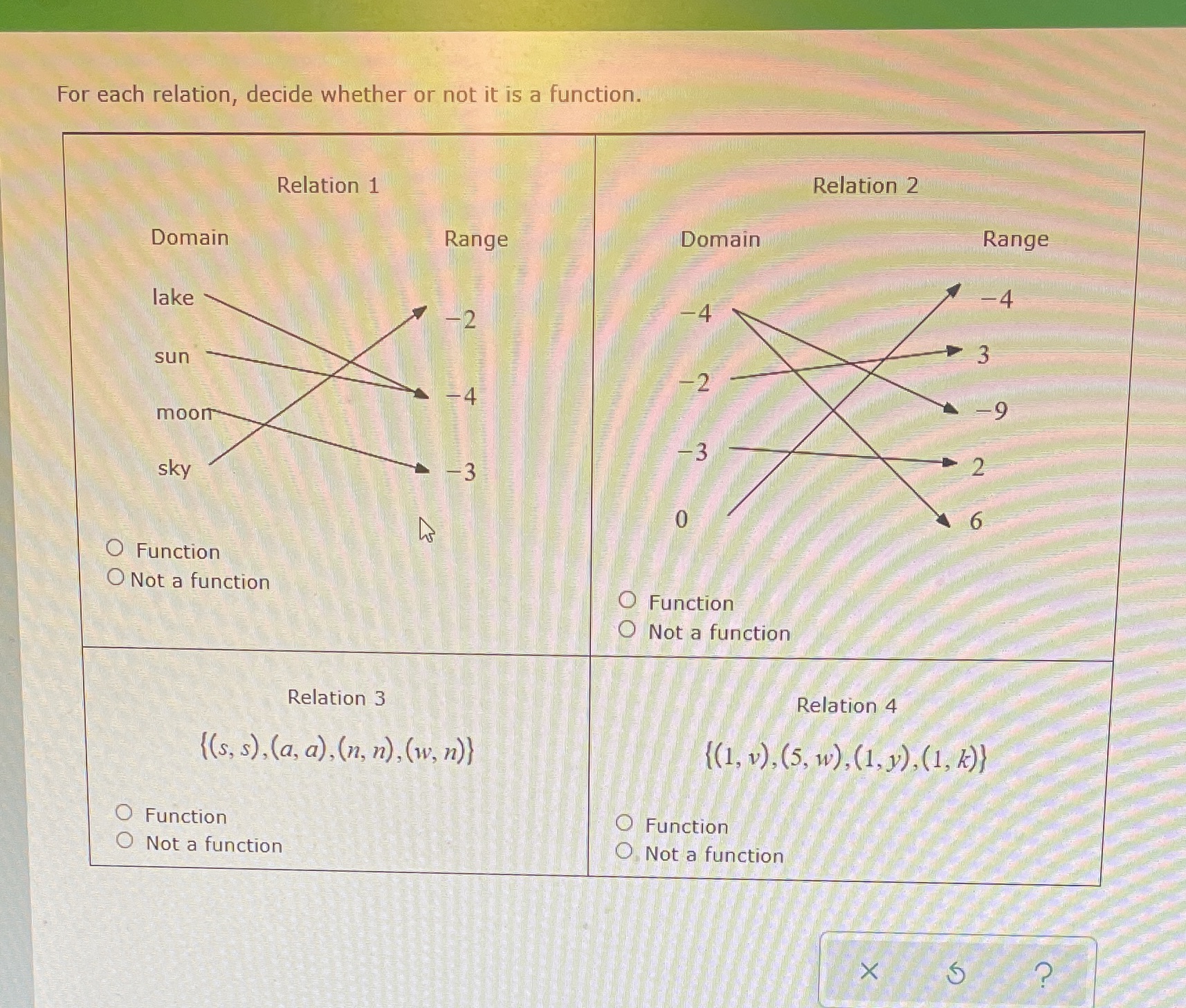  For each relation, decide whether or not it is a function.