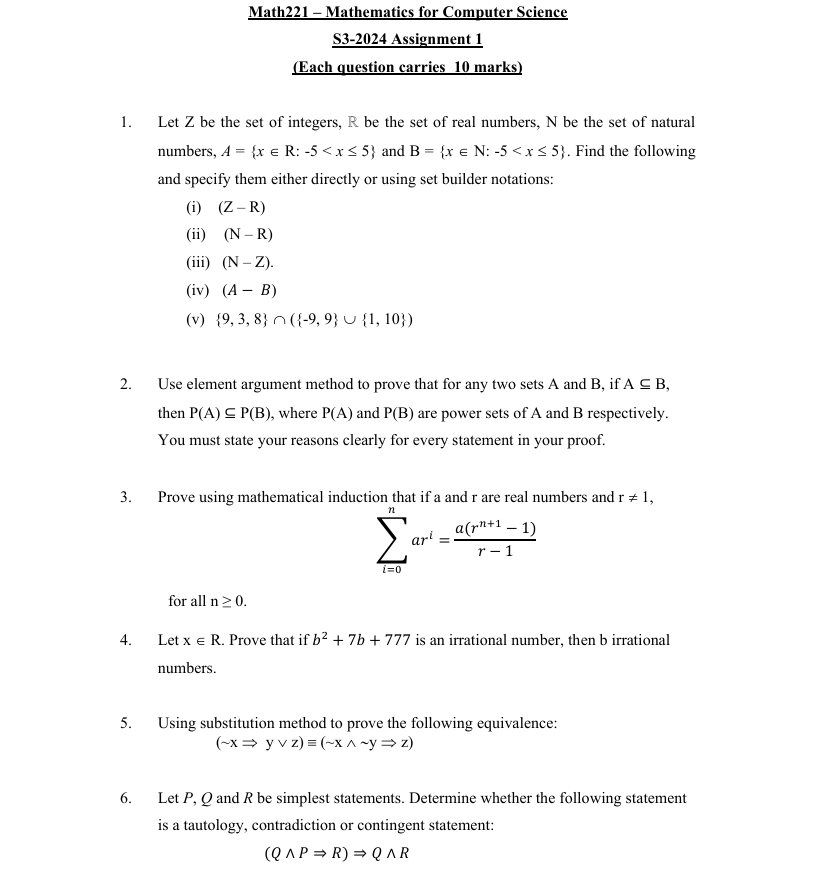 Math221 Mathematics for Computer Science 53-2024 Assignment 1 (Each guestion carries