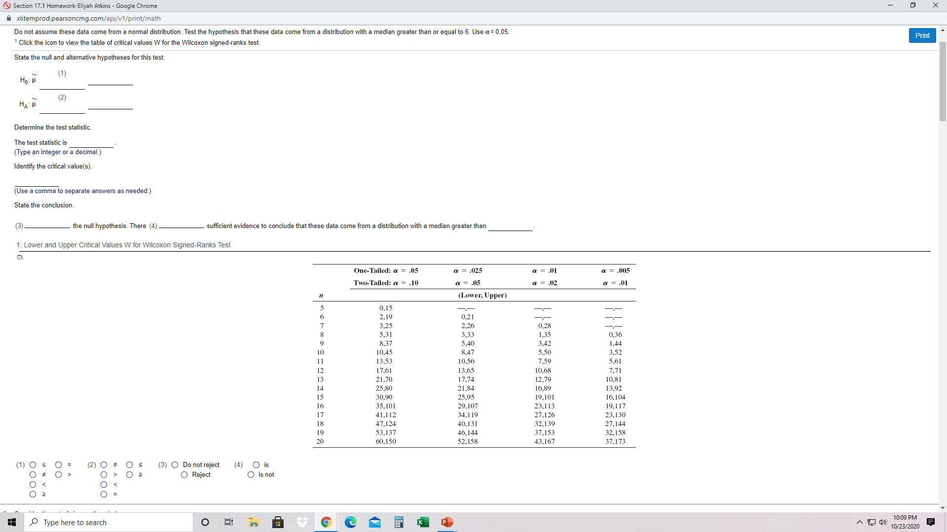 the Wilcoxon?signed-ranks test. The questions i need help on are 1-4 Section