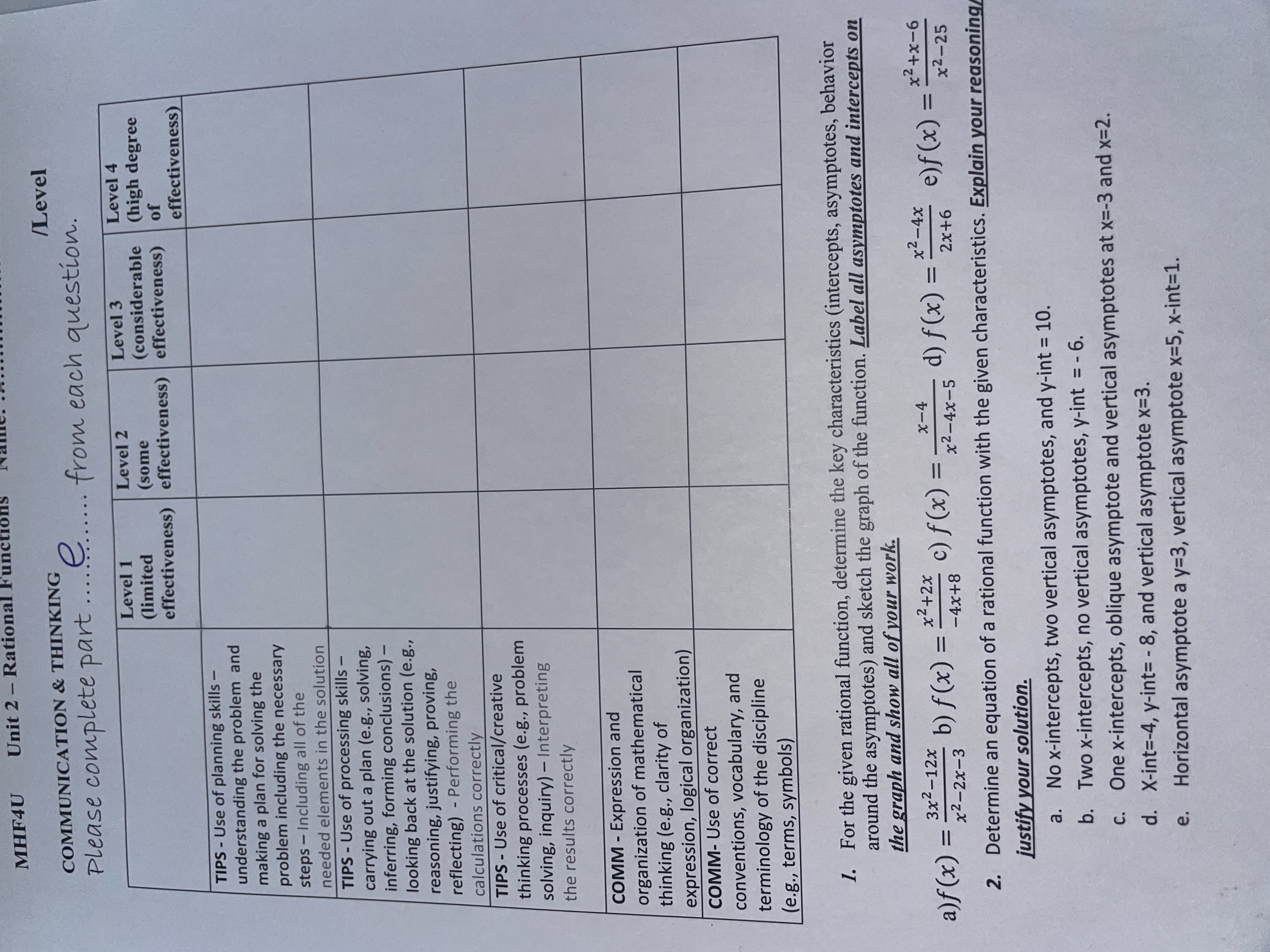 only letter e for both questions! MHF4U Unit 2 - Rational Funct
