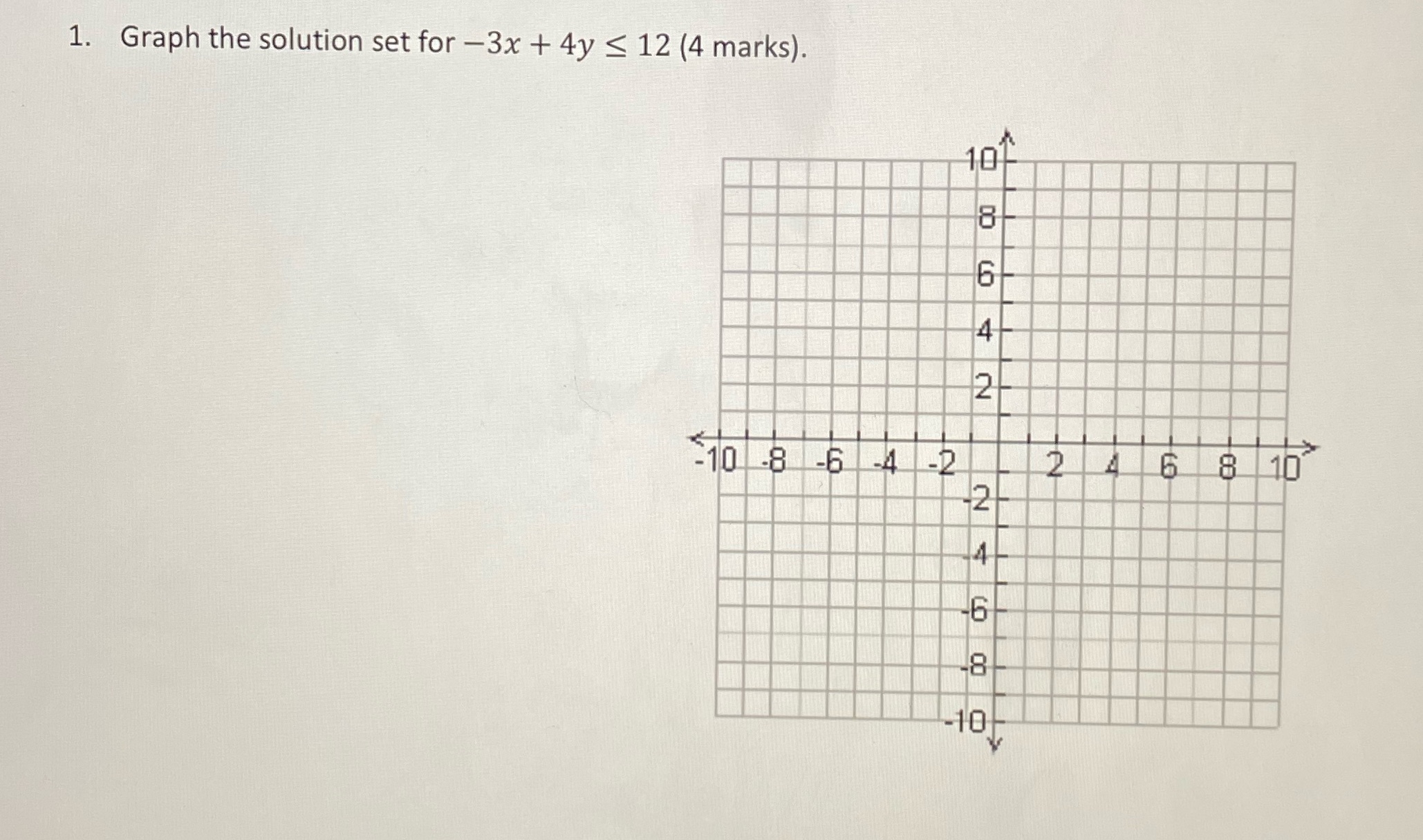  1. Graph the solution set for -3x + 4y