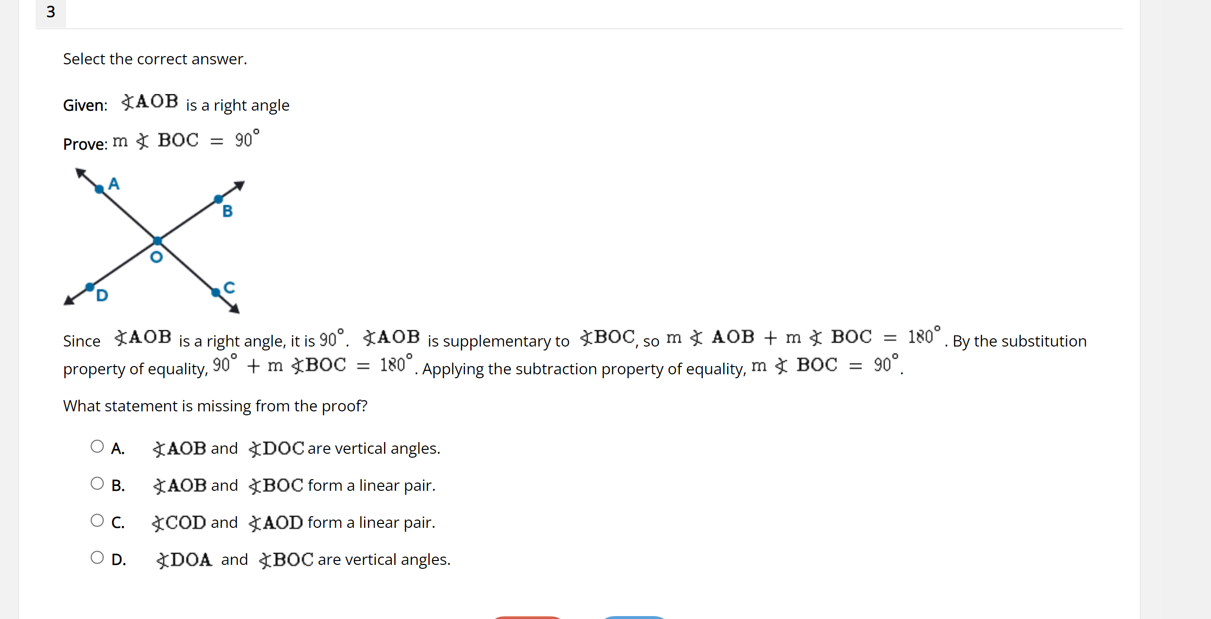 3 Select the correct answer. Given: TAOB is a right angle