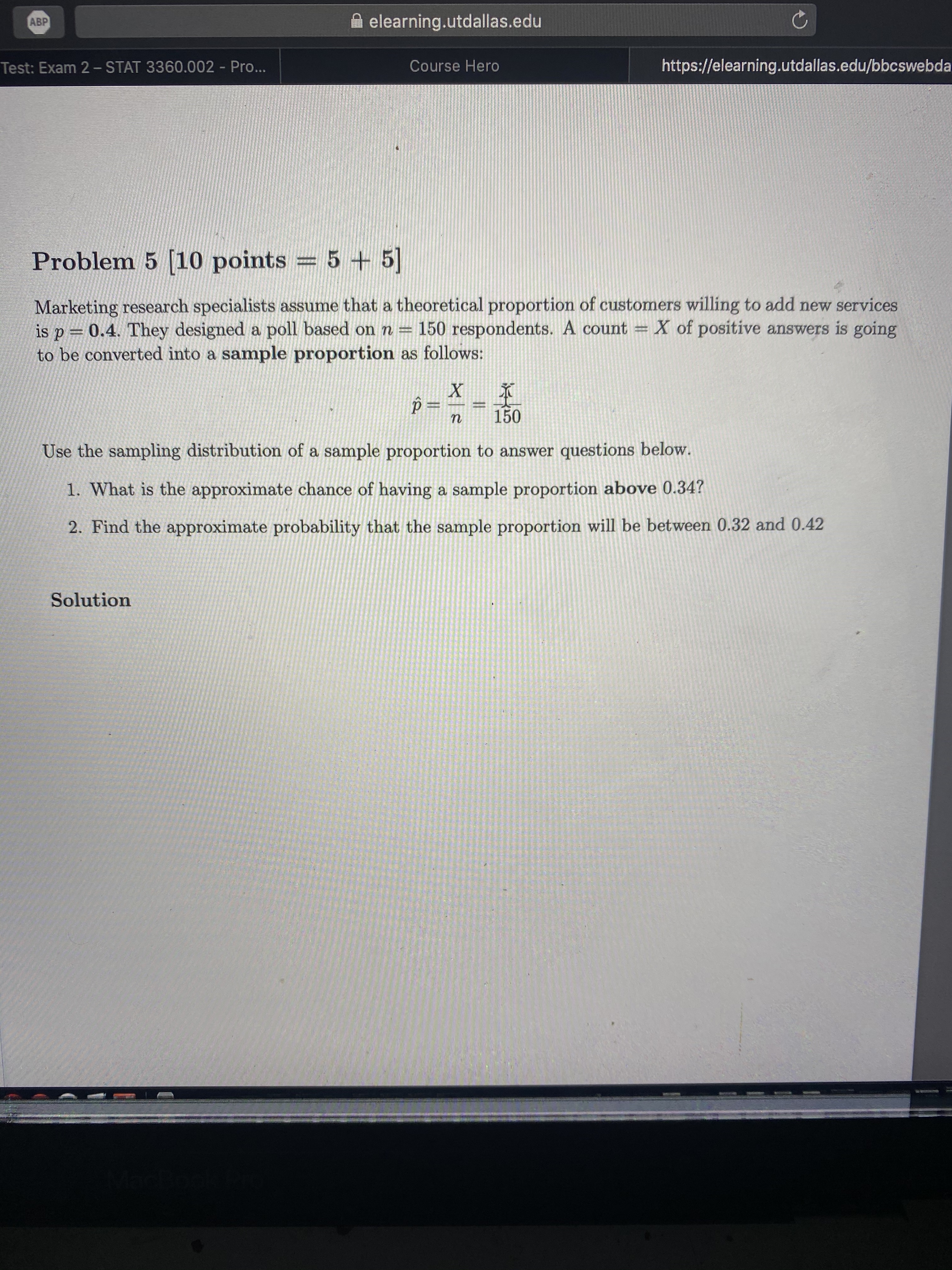 ABP elearning.utdallas.edu Test: Exam 2 - STAT 3360.002 - Pro.. Course