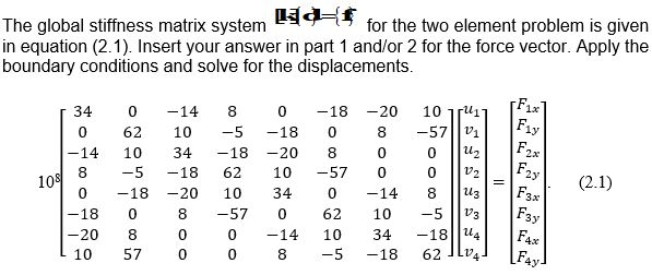  The global stiffness matrix system for the two element problem is