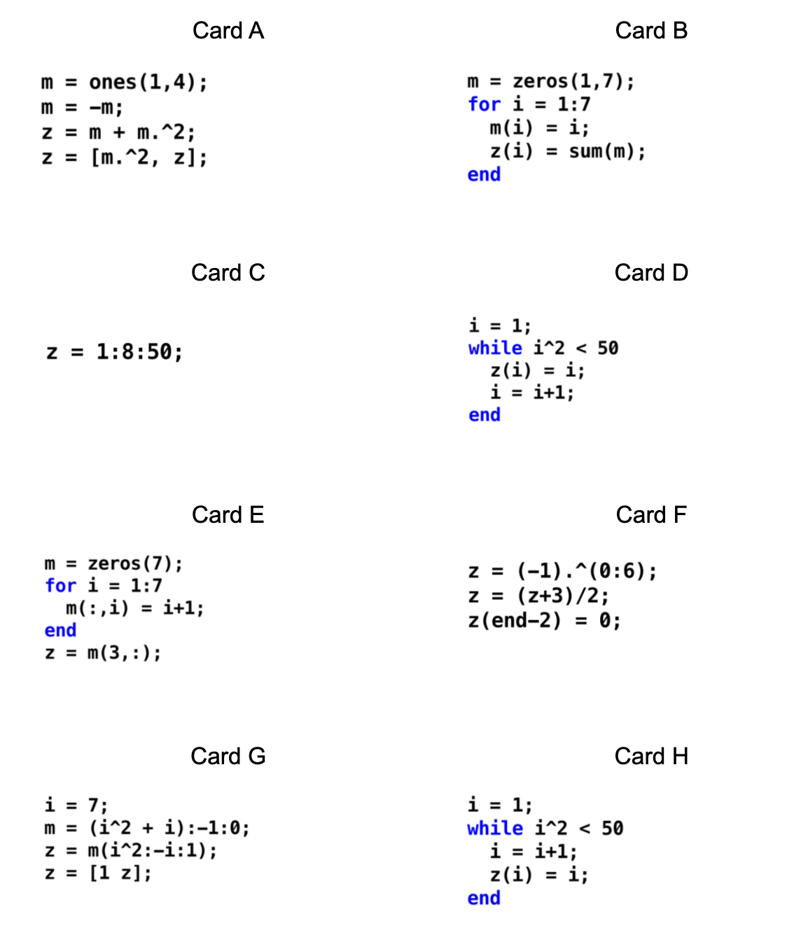 assigns a value to a variable. Ten of the cards assign a