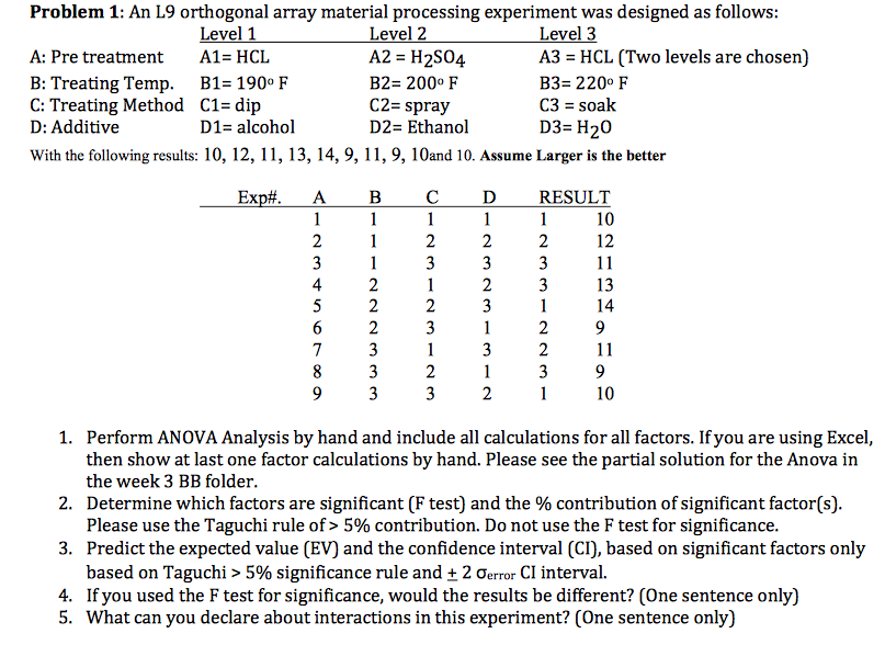  Problem 1: An L9 orthogonal array material processing experiment was designed