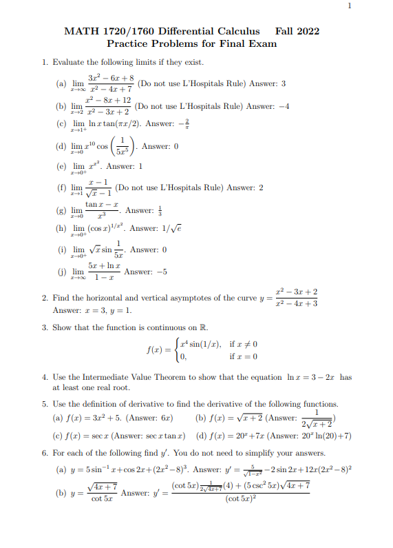 These are the practice problems for the final exam, the answers are