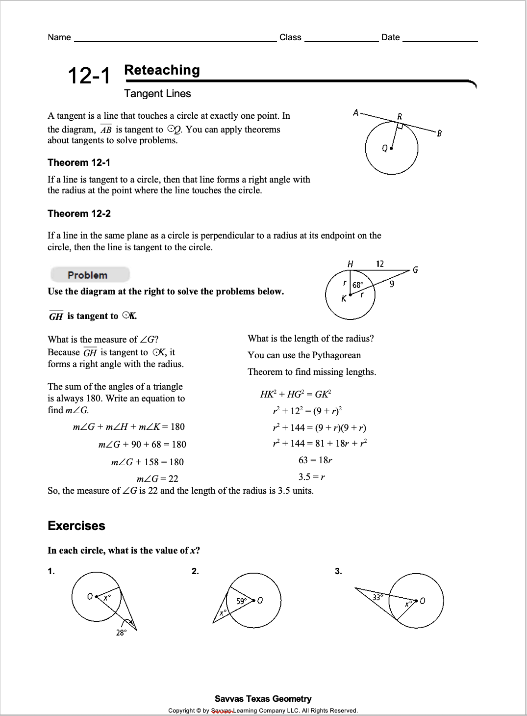 Please answer questions below. Name Class Date 1 2_1 Reteaching Tangent Lines